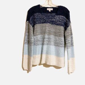 Knox Rose Striped Color Block V-Neck Knit Sweater Blue White Gray. Size Small